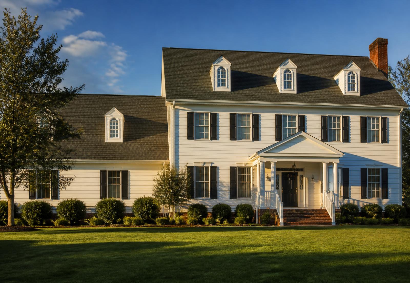 Newly installed architectural shingle roof on a Virginia colonial home
